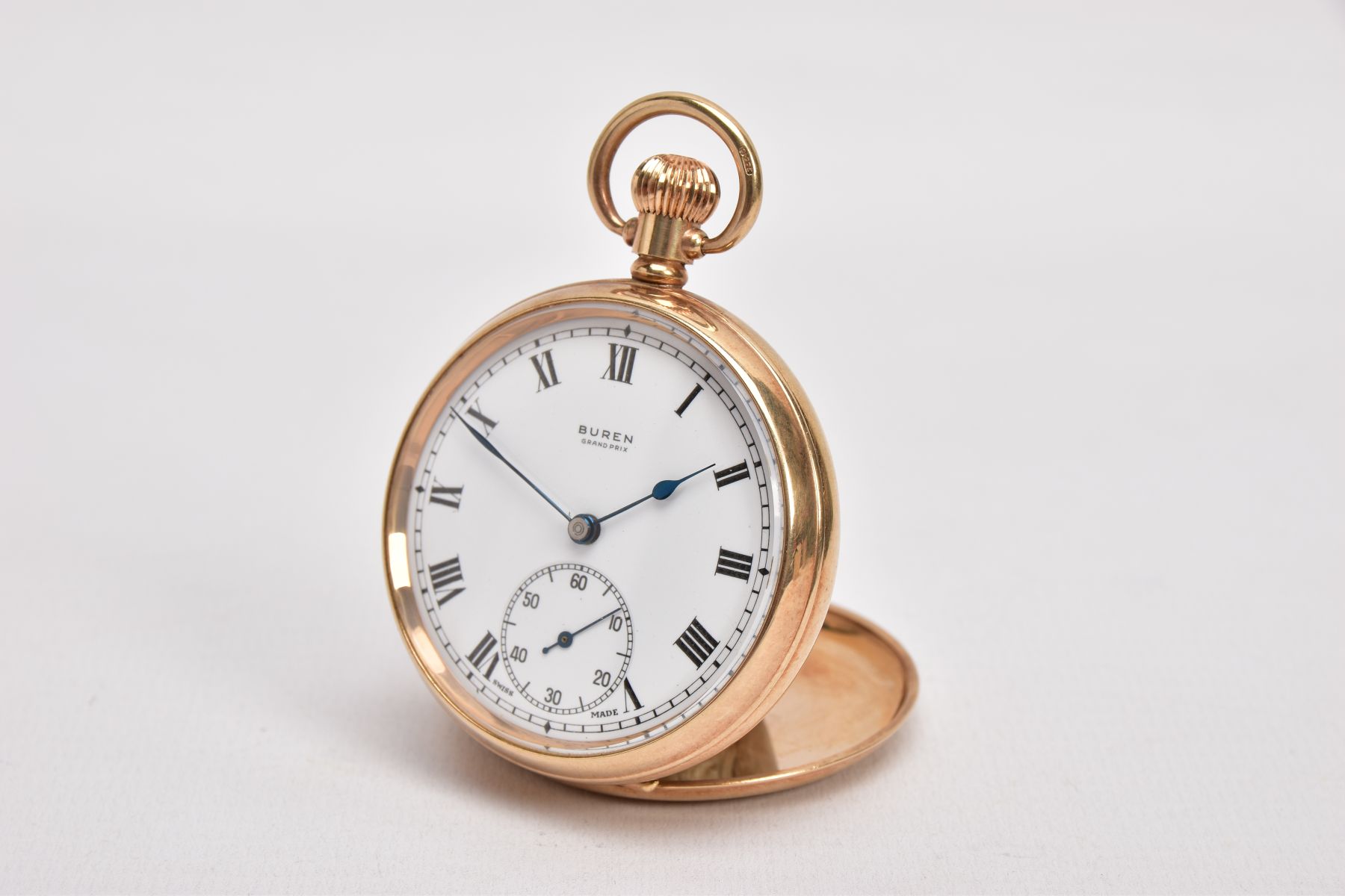 A 9CT GOLD 'BUREN' OPEN FACE POCKET WATCH, round gold dial signed 'Buren, Grand Prix', Roman - Image 2 of 7