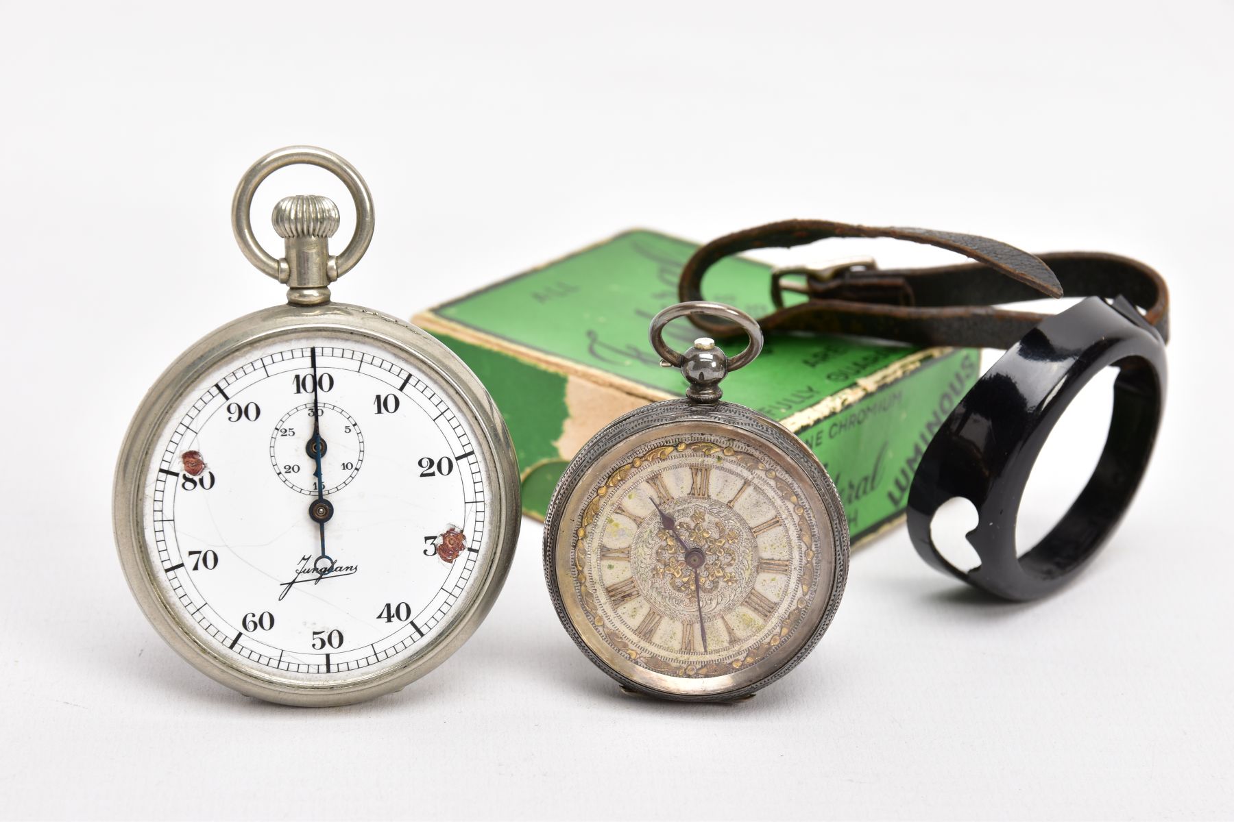 A SILVER OPEN FACE POCKET WATCH, A STOP WATCH AND AN ALBERT CHAIN, the pocket watch with a round