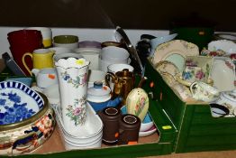 THREE BOXES AND LOOSE CERAMICS, to include Noritake style handpainted lamp with lake scene, height