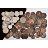 A PLASTIC TUB OF UK COINS to include amounts of Victorian and other silver coins
