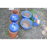 TWO PAIRS OF BLUE GLAZED PLANT POTS, largest diameter 40cm x height 26cm, two blue glazed decorative