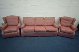 A PLUMBS HERRINGBONE ROSE UPHOLSTERED THREE PIECE SUITE, comprising a sofa, length 198cm and a