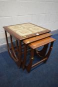 A G PLAN FRESCO TEAK TILE TOP NEST OF THREE TABLES, largest table, 50cm cubed