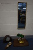 A SELECTION OF MISCELLANEOUS, to include a bankers lamp with a green shade, a mahogany mantle clock,