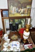 A BOX AND LOOSE CERAMICS, PICTURES AND SUNDRY ITEMS to include fourteen piece coffee set Royal