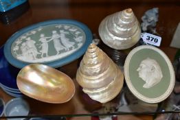 A WEDGWOOD GREEN JASPERWARE PLAQUE TITLED DR. JOHNSON AND FOUR OTHER ITEMS, the Wedgwood plaque with