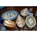 A WEDGWOOD GREEN JASPERWARE PLAQUE TITLED DR. JOHNSON AND FOUR OTHER ITEMS, the Wedgwood plaque with