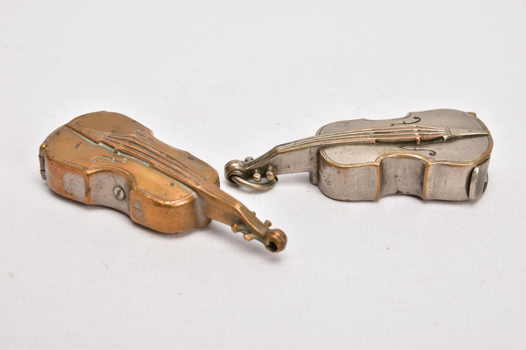 TWO BRASS VIOLIN VESTA CASES, both with hinged sprung striker bases, one with suspension loop, - Image 3 of 5