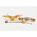 COLLECTION OF BROOCHES, to include a 9ct Victorian gold seed pearl heart, clover leaf bar brooch,