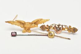 COLLECTION OF BROOCHES, to include a 9ct Victorian gold seed pearl heart, clover leaf bar brooch,