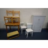 A PINE SIDE TABLE with two short drawers, two beech chairs, foot stool, a white double cupboard unit