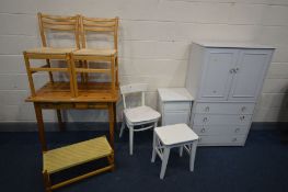 A PINE SIDE TABLE with two short drawers, two beech chairs, foot stool, a white double cupboard unit