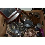 A BOX OF METALWARES, TREEN etc, including a circular copper jelly mould, numbered 331, diameter 14.