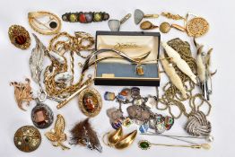 A TRAY OF ASSORTED COSTUME JEWELLERY, to include a white metal charm bracelet, suspending thirty