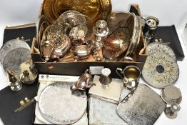 A BOX OF WHITE METAL WARE, to include a large bronze colour embossed tray, two silver-plate plate
