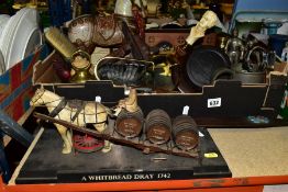 A BOX AND LOOSE TREEN, METALWARES etc to include a model of a Whitbread Dray (missing wheels), a