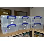 SIX 'REALLY USEFUL BOX' 18 LITRE BOXES, with lids, boxes measure approximately 47cm x 38cm x 19cm,