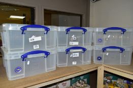 SIX 'REALLY USEFUL BOX' 18 LITRE BOXES, with lids, boxes measure approximately 47cm x 38cm x 19cm,