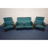 A MID CENTURY TEAK TURQUOISE THREE PIECE LOUNGE SUITE comprising a two seater and a pair of