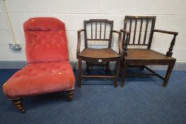 TWO 18TH CENTURY WELSH ARM CHAIRS, together with a late Victorian nursing chair (3)