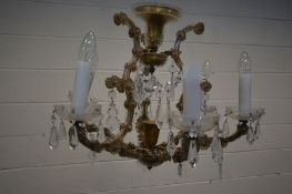 A FRENCH GLASS FIVE BRANCH CHANDELIER, with glass droppers, and a pair of similar glass twin