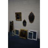 A QUANTITY OF MIRRORS to include two gilt metal, an ornate rectangular gilt wall mirror, and five