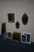A QUANTITY OF MIRRORS to include two gilt metal, an ornate rectangular gilt wall mirror, and five