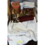 A BOX OF METALWARES, VINTAGE CHRISTMAS DECORATIONS, LINENS etc to include three vintage (