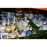 FOUR BOXES OF CERAMIC ORNAMENTS, DINNERWARES etc to include Royal Doulton Pretty Ladies '