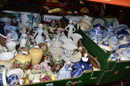 FOUR BOXES OF CERAMIC ORNAMENTS, DINNERWARES etc to include Royal Doulton Pretty Ladies '