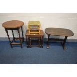 AN EARLY 20TH CENTURY OAK BARLEY TWIST OCCASSIONAL TABLE, oak nest of three tables, oak coffee table