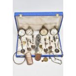 A BOX OF ASSORTED ITEMS, to include three open face pocket watches, a single brass tone open face
