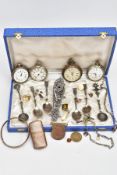 A BOX OF ASSORTED ITEMS, to include three open face pocket watches, a single brass tone open face