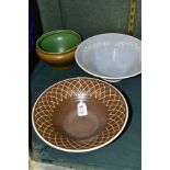 THREE PILKINGTONS ROYAL LANCASTRIAN POTTERY BOWLS, to include a flared bowl with incised geometric