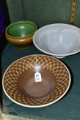 THREE PILKINGTONS ROYAL LANCASTRIAN POTTERY BOWLS, to include a flared bowl with incised geometric