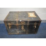 A BLACK DISTRESSED VINTAGE METAL BANDED TRAVELLING TRUNK, width 83cm x depth 55cm x height 50cm