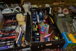 SEVEN BOXES AND LOOSE CERAMICS, METALWARES, LPS, TOYS, GAMES, VINTAGE OFFICE EQUIPMENT etc to