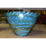 A MURANO GLASS VASE OF TAPERED OVAL FORM, iridescent blue/green striated design to the exterior, the