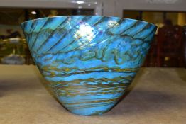 A MURANO GLASS VASE OF TAPERED OVAL FORM, iridescent blue/green striated design to the exterior, the