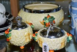 THREE PIECES OF CLARICE CLIFF 'CELTIC HARVEST' ITEMS, comprising a fruit bowl with chrome plated rim
