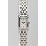 A LADIES STAINLESS STEEL 'LONGINES DOLCEVITA' QUARTZ WRISTWATCH, rectangular white dial signed '