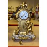 A FRENCH NEW CLASSICAL STYLE GILT METAL AND MARBLE MANTLE CLOCK, the enamel dial has Arabic numerals