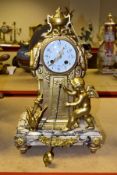 A FRENCH NEW CLASSICAL STYLE GILT METAL AND MARBLE MANTLE CLOCK, the enamel dial has Arabic numerals