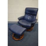 AN EKORNES STRESSLESS CREAM MIDNIGHT BLUE RECLINING SWIVEL ARMCHAIR, and a stool (2)