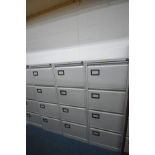 THREE LIGHT GREY FOUR DRAWER FILING CABINETS, width 47cm x depth 63cm x height 132cm (each with