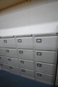 THREE LIGHT GREY FOUR DRAWER FILING CABINETS, width 47cm x depth 63cm x height 132cm (each with