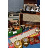 TWO BOXES OF MODERN TROPHIES AND LPS AND THREE OTHER ITEMS, comprising an HMV model 1376 radio in