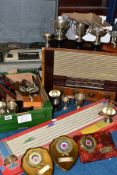 TWO BOXES OF MODERN TROPHIES AND LPS AND THREE OTHER ITEMS, comprising an HMV model 1376 radio in