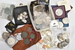 A BOX OF MIXED COINAGE, to include a packet of over 250gr of 925 and .500 silver coins a small