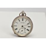 A SILVER OPEN FACE POCKET WATCH, round white dial signed 'The ACNE H. Samuel, Manchester, made at